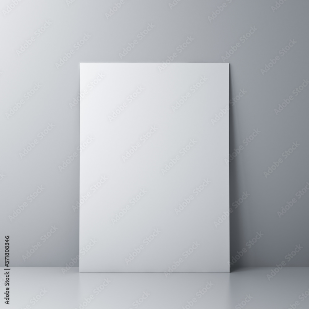 Poster Blank white board or white sheet of paper template isolated against the wall with shadow and reflection 3D rendering