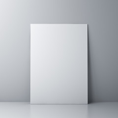 Blank white board or white sheet of paper template isolated against the wall with shadow and reflection 3D rendering