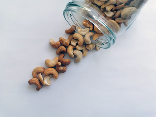 cashew on white table closeup background