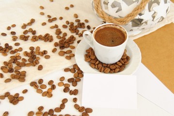 Cup of coffee with beans. Blank card, decorative corner scene. Flat lay, top view