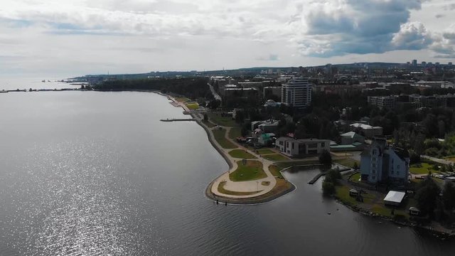 Onega lake embankment Petrozavodsk City (Republic of Karelia Russia) aerial view