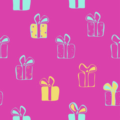 Vector seamless pattern of giftboxes on pink background. Gift box with bows.
