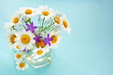 Chamomile, bluebells and forget-me-nots.Bouquet in a glass jar on a blue background