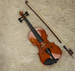 Fototapeta na wymiar Violin put on silk velvet background,show detail of acoustic instrument