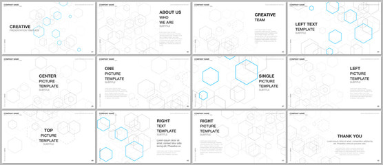 Presentation design vector templates, multipurpose template for presentation slide, flyer, brochure cover design, report presentation. Geometric background with hexagons for medicine, science concepts