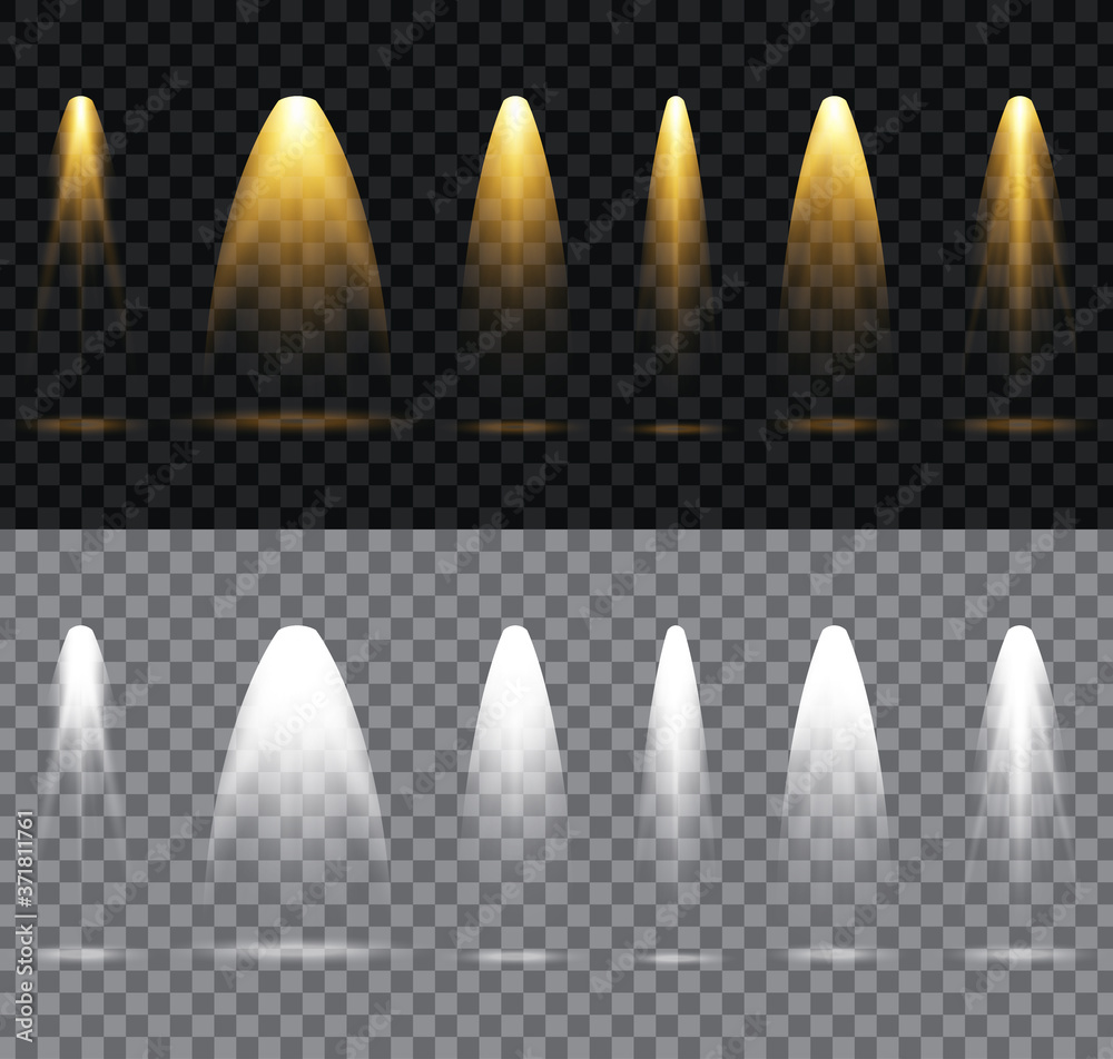 Poster Set of spotlight. Scene illumination collection isolated on transparent background. Scene spotlights. Vector transparent light effects with rays and beams.