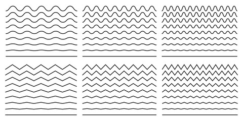 Seamless wavy line and zigzag patterns set. Horizontal curvy waves stripe and zig zags. Collection of underlines, linear sings, border and frames design element. Vector illustration. - obrazy, fototapety, plakaty