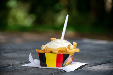 Paper box in colors of Belgian flag with fried potato frit chips and mayonnaise sauсe.