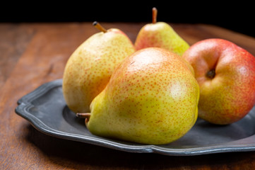 Fresh ripe red yellow forelle pears fruit from Germany