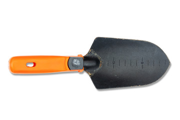 Old rusty grunge metal gardening shovel isolated on white background with clipping path