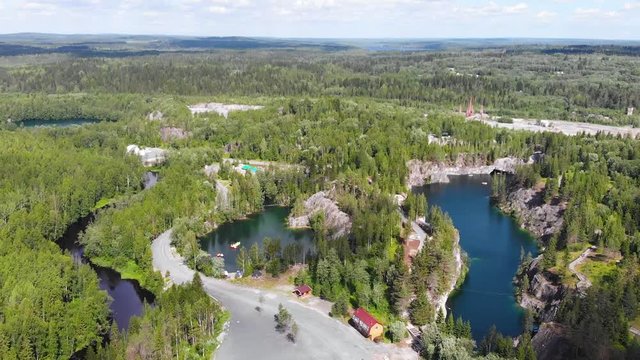 Lake light Tohmajoki river Marble quarry Ruskeala (Karelia, Russia) aerial view