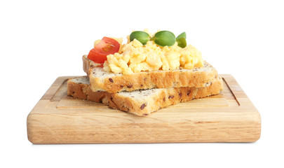 Tasty scrambled egg sandwich isolated on white