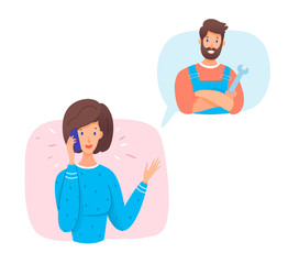 Vector character illustration of woman calling plumber