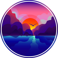 Beautiful sunset or sunrise, mountains, river and flying bird, flat landscape, vector illustration, circle concept