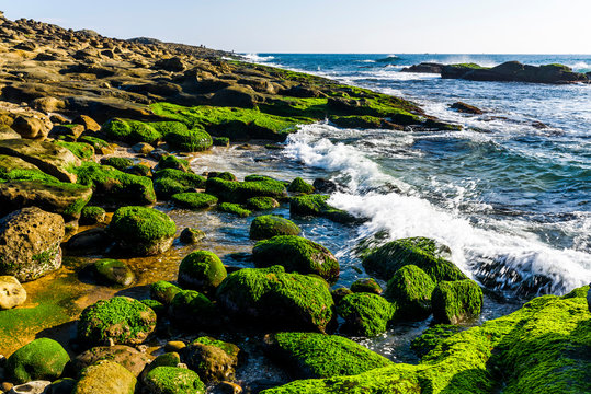The beautiful coastal reef and sea waves with blue sky in New Taipei, Taiwan