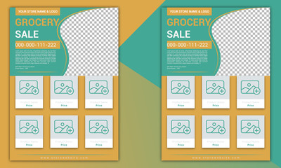 Groceries flyer template layout. Environment protection print design with illustrations. 