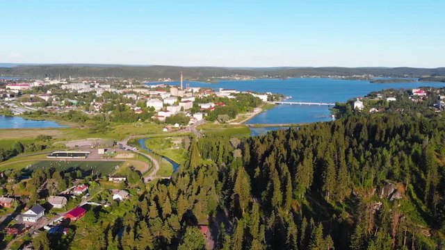 Sortavala town Stadium, Lake, River (Republic of Karelia, Russia) aerial view
