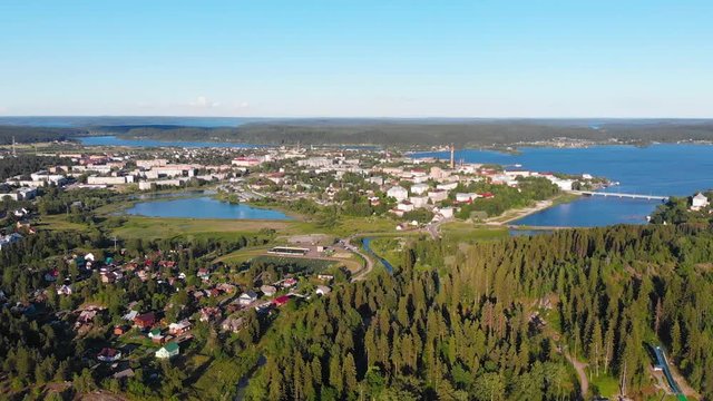 Sortavala town Stadium, Lake, River (Republic of Karelia, Russia) aerial view