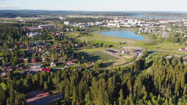 Sortavala town Stadium, Lake, River (Republic of Karelia, Russia) aerial view