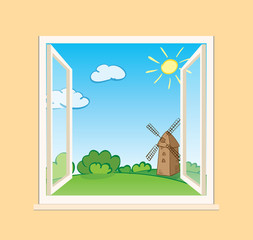 green summer nature and old mill behind open window - vector illustration