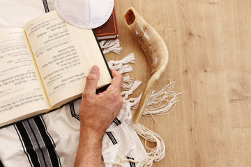 religion image of Prayer book and Shofar (horn) jewish religious symbols. Rosh hashanah (jewish New...