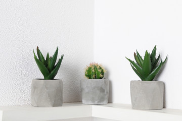 Beautiful artificial plants in flower pots on shelf