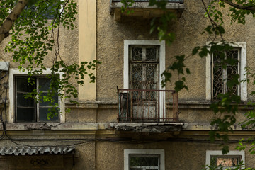 destroyed old Soviet apartment buildings in the city