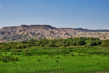 Beautiful landscape with green trees, blue sky and lakes, and gray mountains in the background.