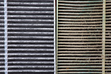 Close up macro of new and old car air conditioner filter surfaces