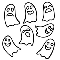 Cute ghosts hand drawn doodle set. Black Outline spirits clip art for halloween postcards posters banners coloring page. Stock vector illustration isolated on white background.