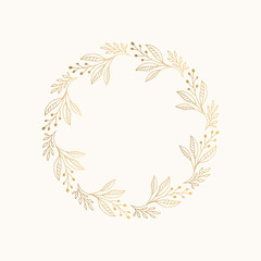 Golden Christmas wreath with nature design elements. Vector isolated illustration.