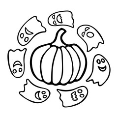 Cute ghosts and pumpkin hand drawn doodle. Black outline clip art for Halloween greeting cards posters banners coloring pages. Stock vector illustration isolated on white background.