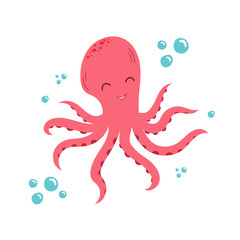 Cartoon happy octopus. Cute doodle illustration on white background. Funny smiling octopus, character vector illustration. Design for children books, t-stirt, hoody, placard, textiles.