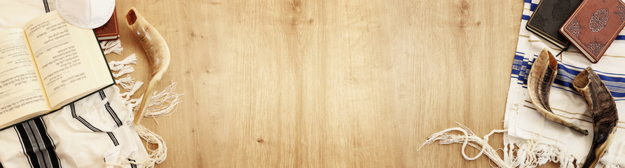 religion image of Prayer book and Shofar (horn) jewish religious symbols. Rosh hashanah (jewish New...