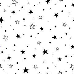 Hand drawn seamless pattern. Black stars and circles isolated on the white background. Design for packaging and wrapping paper, cover, textiles, wedding invitations, greeting card, template, fabric