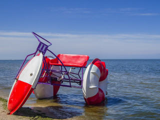 group of children have fun riding an unusual catamaran
