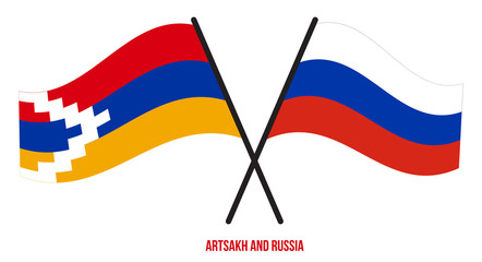 Artsakh and Russia Flags Crossed And Waving Flat Style. Official Proportion. Correct Colors.