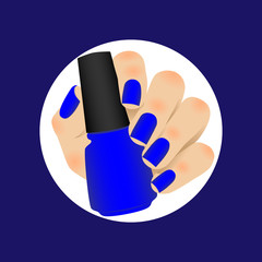 Manicure, blue matte nail polish. Hand holds blue bottle with varnish. Vector flat illustration isolated on white background.