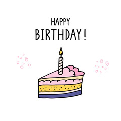 Happy birthday party card. Festive positive design. Vector handdrawn illustration isolated on white background. Greeting cards template with lettering