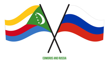 Comoros and Russia Flags Crossed And Waving Flat Style. Official Proportion. Correct Colors.