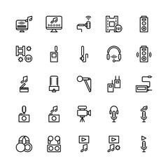 Set of sound, audio, music equipment outline style icon - vector