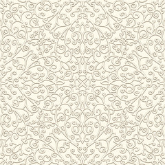 Vintage swirly seamless pattern in pale color, ornamental white background for wedding invitation card design