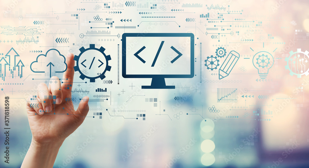 Wall mural web development concept with hand pressing a button on a technology screen