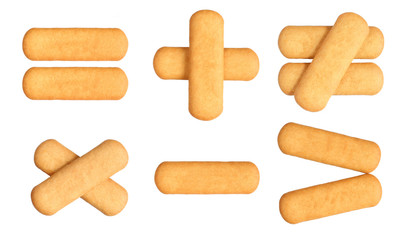 Six mathematical signs made of stick biscuits. Fun and educational. Food isolated