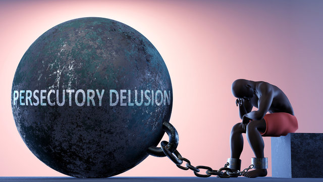 Persecutory delusion as a heavy weight in life - symbolized by a person in chains attached to a prisoner ball to show that Persecutory delusion can cause suffering, 3d illustration
