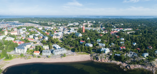 Aerial panorama of the coast of Hanko from the East Bay. Sunny summer morning. Finland.
