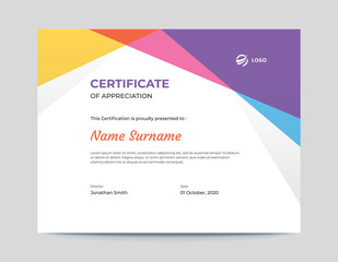 Abstract colored blue, pink, purple and Yellow shapes certificate design template