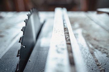 table saw in workshop. Space for copy text.