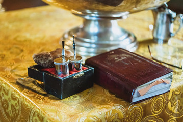 attributes of an Orthodox priest for service in the church. old bible