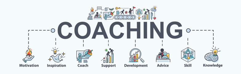 Coaching banner web icon for training and success, motivation, inspiration, teaching, coach, learning, knowledge, support and advice. Minimal vector infographic. - obrazy, fototapety, plakaty